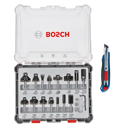 Bosch Zestaw frezów trzpieniowych 15 szt na uchwycie 8 mm w zestawie z nożem z chowanym ostrzem 