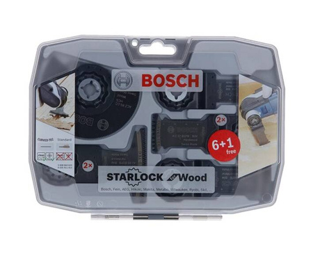 Bosch Zestaw akcesoriów do narzędzi wielofunkcyjnych - brzeszczoty do drewna 7 szt : Wood ACZ 85 EC (1x) Wood BIM AIZ 32 BSPB (2x) Wood AII 65 BSPB (2x) Wood & Metal BIM AIZ 32 APB (1x) Wood & Metal BIM AIZ 20 AB (1x)