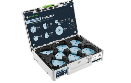 Festool Systainer³ na materiały ścierne D90/V93 GR SYS  z materiałami ściernymi w środku 