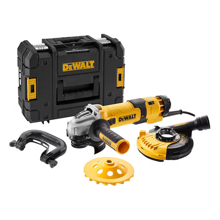 DeWalt Szlifierka kątowa zestaw do szlifowania betonu DWE4257-QS, 125 mm, 1500W, regulacja obrotów 2800-10000, włącznik suwakowy + osłona odsysająca DWE46150 do pracy z ściernicami garnkowymi + ściernica garnkowa diamentowa 125 mm , w walizce TSTAK