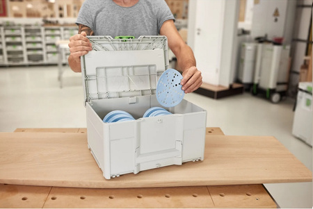 Festool Systainer³ na materiały ścierne D150 GR SYS z materiałami ściernymi w środku