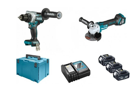 Makita Zestaw COMBO 18V Li-Ion (DDF486+DGA513) ładowarka DC18RC, walizka Makpac, 3 akumulatory 5.0 Ah