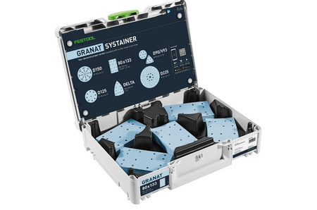 Festool Systainer³ na materiały ścierne 80x133 GR SYS z materiałami ściernymi w środku