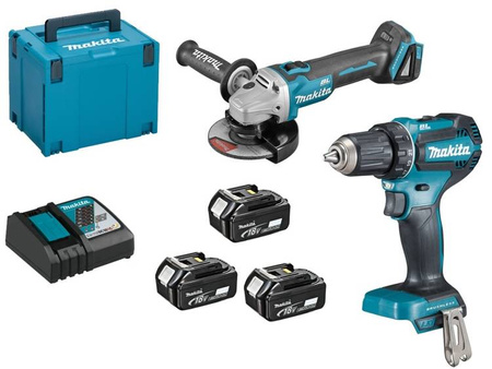 Makita Zestaw COMBO 18V Li-Ion (DDF485+DGA504) ładowarka DC18RC, walizka Makpac, 3 akumulatory 3.0 Ah