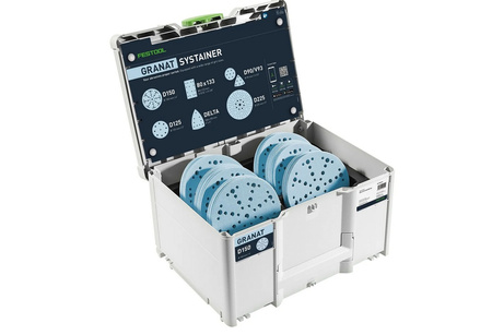 Festool Systainer³ na materiały ścierne D150 GR SYS z materiałami ściernymi w środku